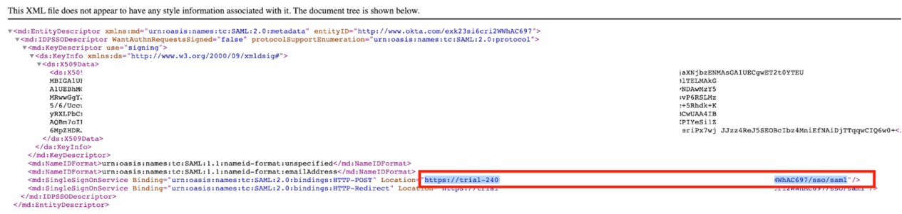 Copy SingleSignOnService location URL from metadata